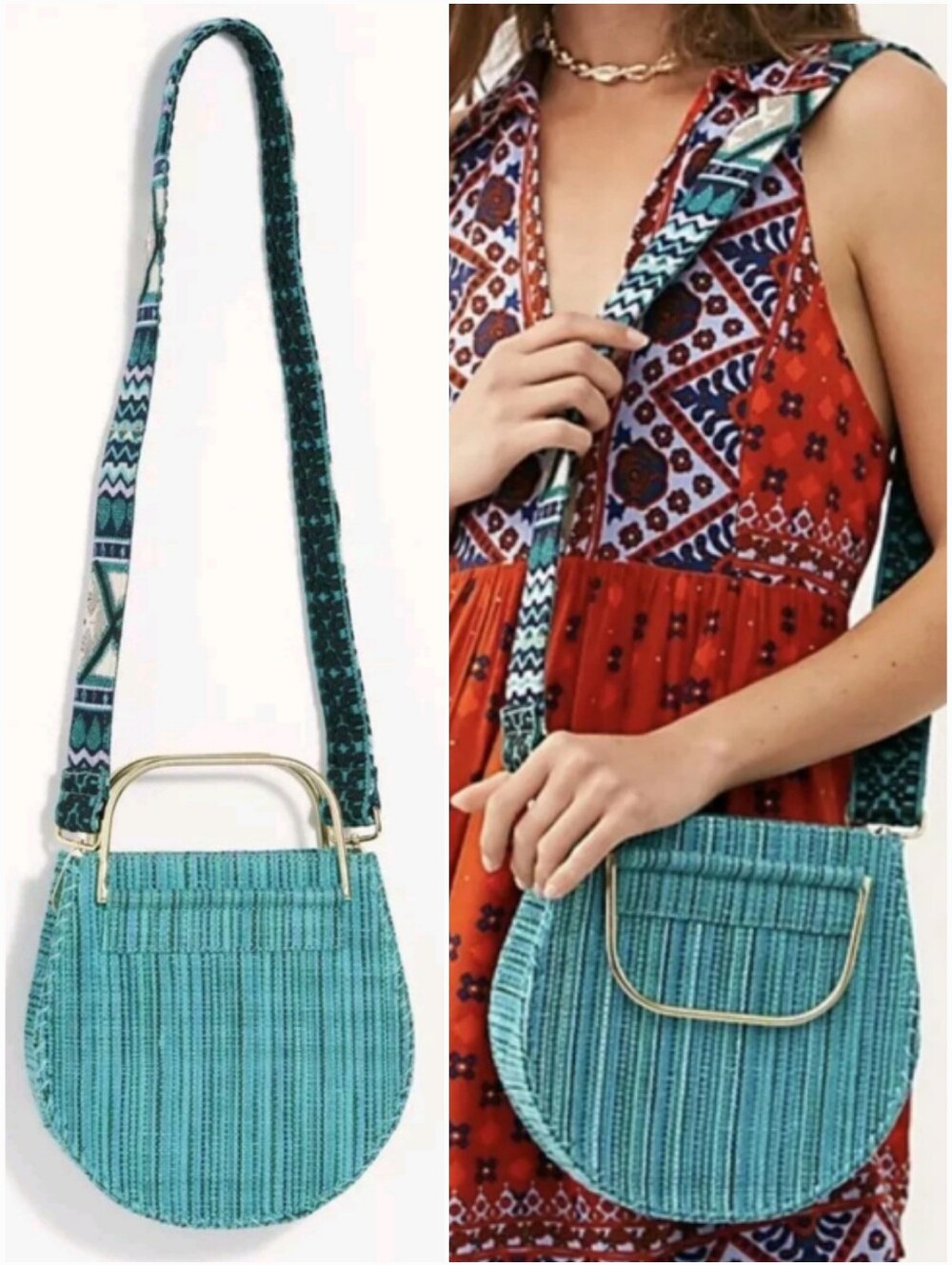 Free People Melie Bianco Brigitte Turquiose Woven Golden Handle Satchel